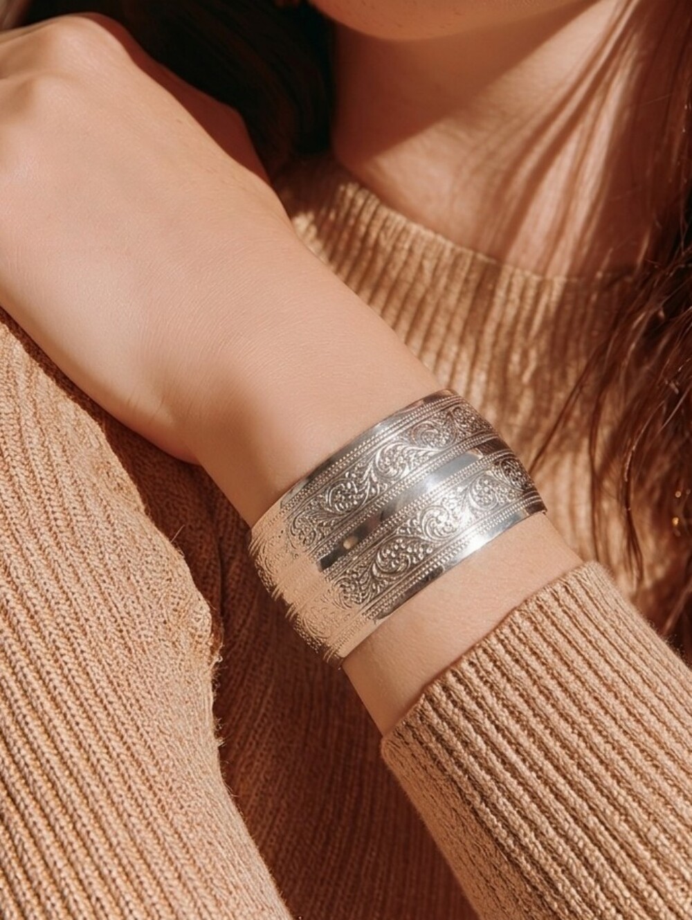 Silver Spiral Flower Cuff Bracelet Stainless Steel Wide Branch Bangle